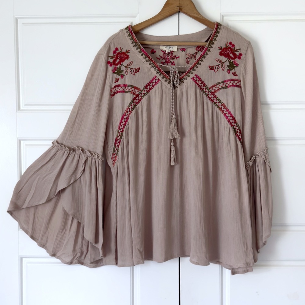 Umgee Embroidered Boho Top S Tan Flare Bell Sleeve Festival Peasant Forest Fairy